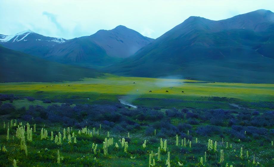 Rheum nobile in foreground with yaks grazing on alpine meadow and snow-capped mountains in background, Hengduan Mountains, Yunnan, China